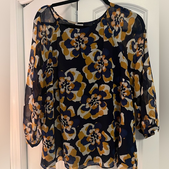 Cabi Lydia #3426 Floral Navy and Mustard Blouse - Picture 3 of 4
